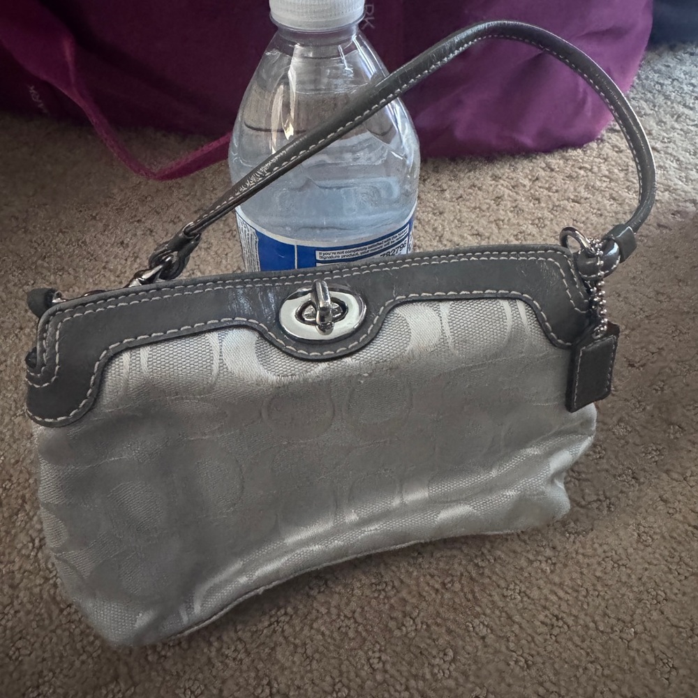 Coach Silver Metallic Wristlet with Gray Leather Trim